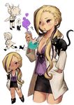  1girl beaker black_cat blonde_hair cat character_sheet female hand_in_pocket htm_(gixig) labcoat long_hair multicolored_hair original ponytail scientist simple_background skirt white_background 