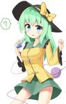 :o ? bangs blue_eyes blush bow breasts commentary_request contrapposto cowboy_shot eyeball frilled_shirt_collar frilled_sleeves frills green_hair green_skirt hat hat_bow heart heart_of_string komeiji_koishi long_hair long_sleeves looking_at_viewer medium_breasts ominaeshi_(takenoko) open_mouth shirt sidelocks skirt solo speech_bubble spoken_question_mark standing third_eye touhou wide_sleeves yellow_bow yellow_shirt 