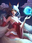  ahri animal_ears bare_shoulders breasts casasak cleavage cloud detached_sleeves fox_ears fox_girl fox_tail korean_clothes league_of_legends lipstick long_hair looking_at_viewer makeup medium_breasts nail_polish night orb parted_lips red_nails solo tail whisker_markings yellow_eyes 