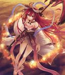  ???_(artist) ahoge breasts cleavage closed_mouth collarbone date_a_live hair_ribbon highres holding holding_weapon horns itsuka_kotori large_breasts long_hair looking_at_viewer red_eyes red_hair ribbon sandals smile solo weapon 