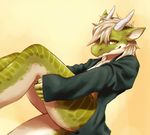  5_fingers anthro blonde_hair bottomless clothed clothing dragon female green_eyes green_skin hair horn ryuuzenga simple_background solo 