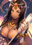  backlighting bad_id bad_pixiv_id bead_necklace beads black_hair breasts circlet dark_skin fate/grand_order fate_(series) forehead_jewel green_eyes highres jewelry kurono_kito large_breasts long_hair looking_at_viewer necklace revision scheherazade_(fate/grand_order) smile solo staff tiara 
