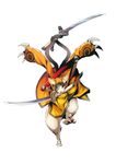  1boy arc_system_works black_hair blazblue blazblue:_central_fiction cat claws dual_wielding fangs hood jubei_(blazblue) katana long_hair looking_at_viewer mouth_hold multiple_tails official_art red_eyes solo sword tail 