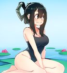  asui_tsuyu bare_arms barefoot black_hair blush boku_no_hero_academia breasts cleavage closed_mouth coolisushi feet groin hair_rings highleg highleg_swimsuit hips large_breasts lily_pad looking_to_the_side one-piece_swimsuit seiza sitting smile solo swimsuit tied_hair water 