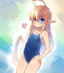  1girl ahoge blonde_hair blue_eyes blush character_request female flat_chest hiyoko_(chick&#039;s_theater) long_hair one-piece_swimsuit pointy_ears solo swimsuit 