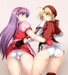  2girls ahoge asamiya_athena ass assisted_exposure bandanna blonde_hair blush earrings fingerless_gloves from_behind gloves hairband hoop_earrings jewelry king_of_fighters long_hair looking_at_viewer looking_back malin multiple_girls panties parted_lips purple_eyes purple_hair red_eyes shiny shiny_hair shiny_skin short_hair skirt skirt_hold skirt_lift smile sweatdrop take_your_pick the_king_of_fighters very_long_hair yomitrooper 