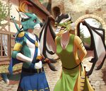  anthro blue_fur breasts cervine clothed clothing day deer detailed_background dragon duo female fur hair male mammal outside purple_hair ryuuzenga smile spine spines standing 