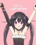  :d \(^o^)/ amano_kouki armpits bare_shoulders black_dress black_hair choker commentary_request dress highres long_hair looking_at_viewer note-chan off-shoulder_dress off_shoulder open_mouth original purple_eyes smile solo twintails 