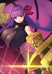  bangs bare_shoulders black_legwear blunt_bangs blush breasts claws cleavage detached_sleeves eyebrows_visible_through_hair fate/extra fate/extra_ccc fate/grand_order fate_(series) gauntlets greyscale hair_ornament hair_ribbon hsin huge_breasts large_breasts long_hair looking_at_viewer monochrome o-ring o-ring_top pantyhose passion_lip pink_eyes pink_ribbon purple_background purple_hair ribbon simple_background solo thighhighs very_long_hair 