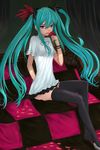  ???_(artist) black_legwear blue_eyes blue_hair checkered hatsune_miku highres long_hair looking_at_viewer parted_lips short_sleeves sitting smile solo thighhighs twintails vocaloid world_is_mine_(vocaloid) 