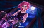  artist_name bandages blood blood_on_face blue_eyes boots cloud dagger fingerless_gloves gloves highres maeve_(paladins) moon nail_polish night night_sky paladins pink_hair sky vocox weapon window 
