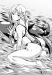  ass bangs between_legs blush braid breasts commentary_request covered_nipples elf eyebrows_visible_through_hair feet flower full_body greyscale hair_flower hair_ornament hand_between_legs highres inflatable_toy kawajuu kneeling large_breasts legs long_hair looking_at_viewer monochrome original parted_lips pointy_ears soles solo sweat sweatdrop swimsuit water 