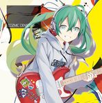  :d floating_hair green_eyes green_hair grey_sweater grin guitar hair_between_eyes hatsune_miku headphones heart highres holding holding_instrument instrument kari_kenji long_hair looking_at_viewer open_mouth smile solo star star_print sweater twintails upper_body vocaloid 
