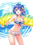  :o bikini blue_eyes blue_hair bracelet breasts cleavage cowboy_shot crescent crescent_hair_ornament earrings hair_ornament holding jewelry looking_at_viewer medium_breasts multicolored_towel navel necklace pointy_ears rena_lanford shikakuii short_hair solo star_ocean star_ocean_the_second_story striped striped_bikini swimsuit towel twitter_username 