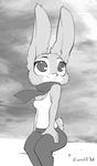  1girl absurdres animal_ears artist_name bare_shoulders breasts bunny_ears bunny_tail cleavage cloud crombie dated furry greyscale heart judy_hopps looking_up medium_breasts monochrome no_humans pants scarf shirt signature sitting sky sleeveless sleeveless_shirt smile solo tail text zootopia 