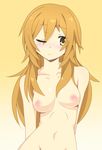  blonde_hair brown_eyes highres koufuku_graffiti long_hair looking_at_another nipples nude one_eye_closed shiina_(koufuku_graffiti) simple_background solo vanna 