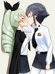  anchovy anzio_school_uniform black_hair blush breasts cape closed_eyes drill_hair girls_und_panzer green_hair hair_ornament hair_ribbon highres imminent_kiss medium_breasts multiple_girls necktie nose_blush pantyhose pepperoni_(girls_und_panzer) ribbon ruka_(piyopiyopu) school_uniform white_legwear yuri 