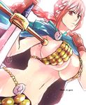  1girl artist_request bare_legs bikini_armor braid breasts cape curvy female large_breasts long_hair looking_at_viewer one_piece pink_hair rebecca_(one_piece) shiny_skin solo 
