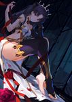 absurdres arm_up armlet bangs bare_shoulders barefoot black_hair black_legwear bow breasts bridal_legwear brooch budinger choker cleavage detached_sleeves dutch_angle fate/grand_order fate_(series) flower hair_bow hair_ornament highres ishtar_(fate/grand_order) jewelry long_legs looking_at_viewer medium_breasts parted_bangs petals red_eyes red_ribbon ribbon rose rose_petals single_detached_sleeve single_thighhigh sitting solo thighhighs toeless_legwear two_side_up 