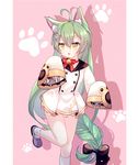  absurdres ahoge akashi_(azur_lane) animal_ears azur_lane braid cat_ears chi_ya commentary_request green_hair hair_ornament hairclip highres long_hair paw_background paw_print screwdriver solo striped striped_background tweezers very_long_hair wrench yellow_eyes 