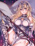 armor blonde_hair breasts cleavage eyebrows_visible_through_hair fate/apocrypha fate_(series) flag headpiece highres holding holding_flag jeanne_d'arc_(fate) jeanne_d'arc_(fate)_(all) lalatia-meai large_breasts long_hair looking_at_viewer parted_lips purple_eyes smile solo 