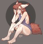  5_fingers anthro barefoot breasts brown_hair canine clothed clothing coyote eyelashes female grey_background hair kaitycuddle looking_at_viewer mammal pink_nose side_boob simple_background sitting solo 