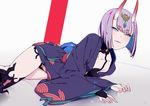  arm_support bangs blush breasts collarbone eyebrows_visible_through_hair fangs fate/grand_order fate_(series) headpiece horns japanese_clothes kimono looking_at_viewer lying on_side oni oni_horns open_clothes open_kimono parted_lips purple_eyes purple_hair purple_kimono short_hair shuten_douji_(fate/grand_order) small_breasts sohin solo thick_eyebrows thighs wide_sleeves 