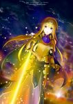  2015 :d alice_schuberg arcriatrix armor armored_dress blonde_hair blue_eyes breastplate diadem dutch_angle eyebrows_visible_through_hair floating_hair gauntlets gold_armor highres holding holding_sword holding_weapon long_hair open_mouth osmanthus_blade shoulder_armor smile solo spaulders standing sword sword_art_online watermark weapon web_address 