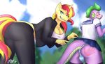  2017 anthro anthrofied blush breasts bulge clothed clothing digital_media_(artwork) dragon duo equestria_girls equine female friendship_is_magic fur girly hair horn horse male male/female mammal mina-the-pie multicolored_hair my_little_pony panties pony scalie skirt smile spike_(mlp) sunset_shimmer_(eg) two_tone_hair underwear unicorn 