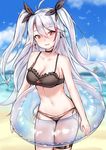  azur_lane bikini black_bikini blue_innertube blue_sky breasts choker cloud cloudy_sky day earrings eyebrows_visible_through_hair german_flag hair_between_eyes highres innertube jewelry long_hair looking_at_viewer medium_breasts multicolored_hair navel outdoors parted_lips prinz_eugen_(azur_lane) red_eyes side-tie_bikini silver_hair sky smile solo streaked_hair sunege_(hp0715) swimsuit thigh_strap twintails 