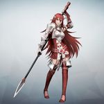  3d armor bangs belt boobplate boots breastplate commentary_request elbow_gloves fire_emblem fire_emblem:_kakusei fire_emblem_musou full_body game_model garter_straps gauntlets gloves gradient gradient_background grey_background highres long_hair looking_at_viewer official_art polearm red_eyes red_footwear red_hair red_legwear simple_background skirt smile solo spear thigh_boots thighhighs tiamo weapon zettai_ryouiki 