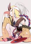  blonde_hair closed_mouth commentary cup fate/grand_order fate_(series) fingernails holding horns ibaraki_douji_(fate/grand_order) japanese_clothes knee_up long_hair looking_at_viewer oni_horns rope sakazuki sharp_fingernails shimenawa sidelocks sitting smile sohin solo tattoo yellow_eyes 
