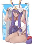  absurdres amu_(258shin) bangs bare_arms bare_legs blunt_bangs breasts closed_mouth commentary_request dark_skin earrings eyebrows_visible_through_hair facial_mark fate_(series) hairband highres hoop_earrings jewelry large_breasts long_hair looking_at_viewer nitocris_(fate/grand_order) nitocris_(swimsuit_assassin)_(fate) purple_eyes purple_hair sidelocks sitting smile solo swimsuit twitter_username very_long_hair white_swimsuit yokozuwari 