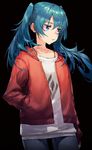  aqua_eyes aqua_hair arm_at_side bad_id bad_pixiv_id bangs black_background blue_eyes blue_hair cowboy_shot denim eyebrows_visible_through_hair hand_in_pocket hatsune_miku highres jacket jeans long_hair long_sleeves looking_to_the_side no_eyewear pants pocket red_jacket ryono_mizuki simple_background solo suna_no_wakusei_(vocaloid) twintails vocaloid 