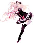  black_dress black_footwear black_ribbon boots bow dress floating_hair from_side full_body hair_between_eyes hair_ornament high_heel_boots high_heels highres hitohana_(pixiv3086574) krul_tepes leaning_forward leg_up long_hair looking_at_viewer owari_no_seraph pink_hair red_bow red_eyes red_ribbon ribbon short_dress simple_background smile solo standing thigh_boots thighhighs very_long_hair white_background 