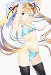  ;o armpits arms_up bangs black_legwear black_ribbon blonde_hair blue_bra blue_eyes blue_panties blush bow bow_bra bow_panties bowtie bra breasts commentary contrapposto cowboy_shot eyebrows_visible_through_hair floating_hair hair_ribbon long_hair looking_at_viewer medium_breasts nakamura_takeshi navel one_eye_closed open_mouth panties ribbon ribbon-trimmed_bra saenai_heroine_no_sodatekata sawamura_spencer_eriri sidelocks simple_background solo standing strap_gap thighhighs twintails underwear underwear_only undressing very_long_hair white_background 