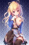  :&gt; bangs banned_artist black_ribbon blonde_hair blush breasts closed_mouth commentary_request eyebrows_visible_through_hair granblue_fantasy hair_between_eyes hair_ribbon half-closed_eyes konomi_(kino_konomi) large_breasts long_hair looking_at_viewer nipples one_breast_out panties pantyshot ponytail red_eyes ribbon sidelocks sitting smile soles solo underwear vira_lilie wavy_hair white_panties 