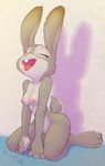  1girl absurdres animal_ears artist_name beige_background breasts bunny_ears bunny_tail collarbone crombie dated eyes_closed feet full_body furry heart judy_hopps kneeling medium_breasts nipples no_humans nude open_mouth paws saliva signature simple_background sitting smile solo tail teeth text tongue tongue_out zootopia 