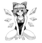  bad_id bad_twitter_id banned_artist bare_arms blush bow breasts cirno commentary_request full_body greyscale hair_bow ice ice_wings looking_at_viewer medium_breasts monochrome one-piece_swimsuit school_swimsuit short_hair simple_background sitting smile solo swimsuit teeth thighs touhou tsukiriran v_arms white_background wings 