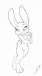  1girl absurdres animal_ears artist_name breasts bunny_ears bunny_tail claws clitoris crombie dated feet full_body furry greyscale half-closed_eyes hands_up heart judy_hopps looking_to_the_side medium_breasts monochrome navel nipples no_humans nude open_mouth paws pussy signature simple_background sketch smile solo standing tail teeth text uncensored white_background zootopia 