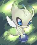  absurdres antennae artist_name berry blue_eyes celebi crombie dated floating food fruit full_body green_background heart looking_down pokemon pokemon_(creature) pokemon_gsc simple_background solo text wings 