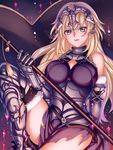  armor blonde_hair blue_eyes breasts cleavage closed_mouth eyebrows_visible_through_hair fate/apocrypha fate_(series) flag headpiece highres holding holding_flag jeanne_d'arc_(fate) jeanne_d'arc_(fate)_(all) lalatia-meai large_breasts long_hair looking_at_viewer smile solo 