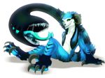  anthro blue_fur blue_tongue claws foxiful fur green_eyes male monster_tail nude open_mouth sitting teeth tongue unknown_species 