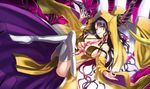 absurdres bare_shoulders black_hair boots breasts commentary_request crossed_legs detached_sleeves facial_mark fate/grand_order fate_(series) forehead_mark from_side highres hinomoto_madoka horns large_breasts long_hair long_sleeves looking_at_viewer looking_to_the_side parted_lips sesshouin_kiara sideboob smile solo thigh_boots thighhighs veil very_long_hair white_footwear wide_sleeves yellow_eyes 