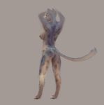 2016 anthro arms_above_head breasts butt digitigrade feline female furstang hi_res looking_away mammal nipples nude painting_(artwork) rear_view side_boob simple_background solo spots standing traditional_media_(artwork) 