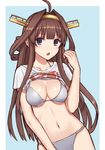  ahoge alternate_costume azu_(azusayumix) bikini blue_background breasts brown_hair cleavage collarbone double_bun grey_bikini hairband headgear kantai_collection kongou_(kantai_collection) large_breasts long_hair navel open_mouth purple_eyes simple_background solo stomach swimsuit white_bikini 