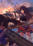  :d akagi_(kantai_collection) black_hair brown_eyes brown_gloves day floating_hair gloves japanese_clothes kaga_(kantai_collection) kantai_collection kimono lanlanlu_(809930257) long_hair multiple_girls open_mouth outdoors outstretched_arm pleated_skirt ponytail red_skirt skirt sky smile standing thighhighs very_long_hair white_kimono white_legwear 