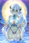 bare_shoulders bikini bikini_pull blush breath bright_pupils cameltoe covered_nipples cross-laced_clothes draph fingernails flower full_moon granblue_fantasy hair_between_eyes hair_flower hair_ornament horns izmir long_fingernails long_hair mimonel moon multi-strapped_bikini navel night outdoors outstretched_hand pointy_ears ponytail red_eyes single_thighhigh smile solo strap_lift swimsuit thighhighs underboob_cutout very_long_hair wading wet white_hair 
