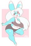  anthro big_breasts blue_fur blush breasts buckteeth cleavage clothed clothing cute female fur hair happy lagomorph long_ears long_hair looking_at_viewer mammal navel one_eye_closed overweight pants pixels_bunni pose rabbit shirt slightly_chubby smile solo teeth theycallhimcake under_boob white_fur wink 