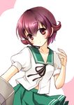  black_ribbon blush brown_eyes brown_hair chize collarbone dress_shirt eyebrows_visible_through_hair green_skirt hair_between_eyes head_tilt kantai_collection looking_at_viewer miniskirt mutsuki_(kantai_collection) neck_ribbon pleated_skirt ribbon school_uniform serafuku shirt short_hair short_sleeves sketch skirt smile solo standing white_shirt 